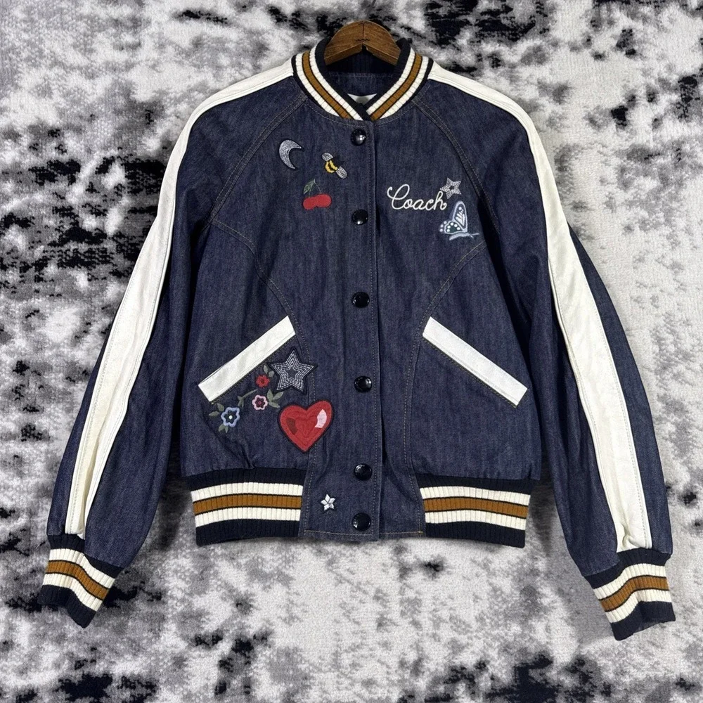 Coach‎ Denim Varsity Jacket Womens Small Dark Wash Blue Embroidered Cutesy Girly